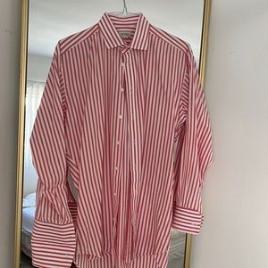 A bespoke ascot Chang shirt with French cuffs In a wonderful red awning stripe.